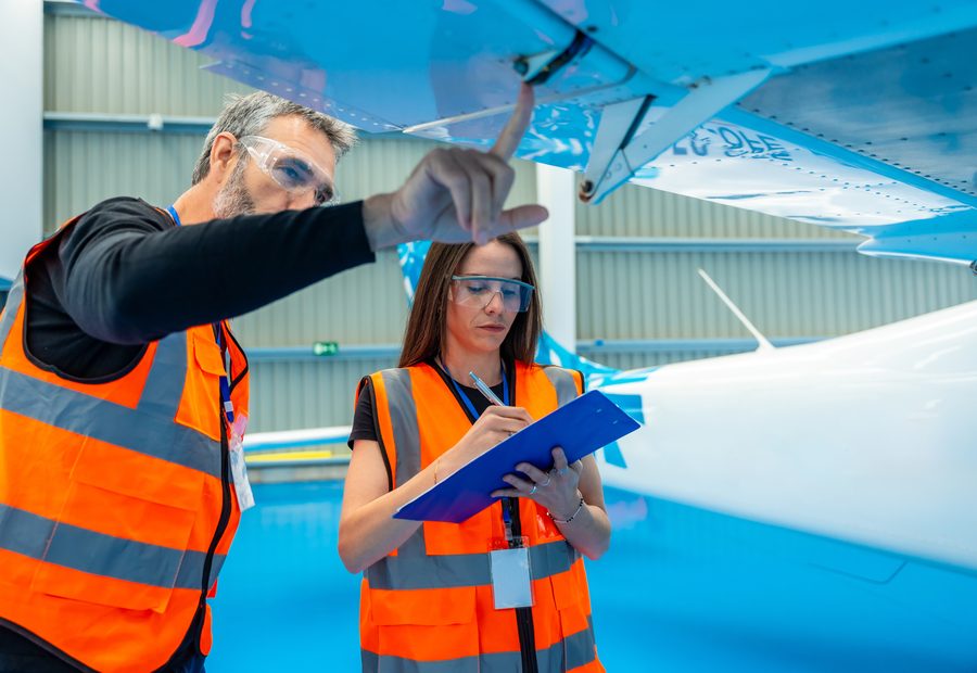 Two technicians running a check with a clipboard